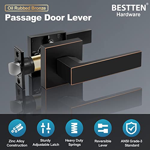 Bestten Square Oil Rubbed Bronze Passage Door Lever With Removable Latch Plate, Monaco Series Square Hallway Door Handle With No Lock, Oiled Bronze Interior Door Handle #TOP2