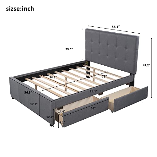 Oudiec Upholstered Full Size Platform Bed With Storage Drawers,Linen Fabric Bedroom Furniture Bedframe W/Headboard & Wood Slat Support For Boys/Girls/Adult,No Box Spring Needed,Gray #TOP1