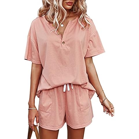 Women's 2 Pieces Loungewear Tracksuit Short Sleeve V Neck Button Down Shirt and Drawstring Jogger Shorts with Pockets Pink Cover