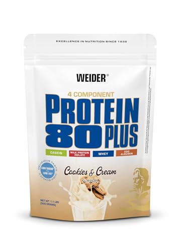 Weider Protein 80 Plus proteinpulver, kakor och kräm, 4 multikomponenter högkvalitativa proteinkällor, låg fett och socker, 500 g