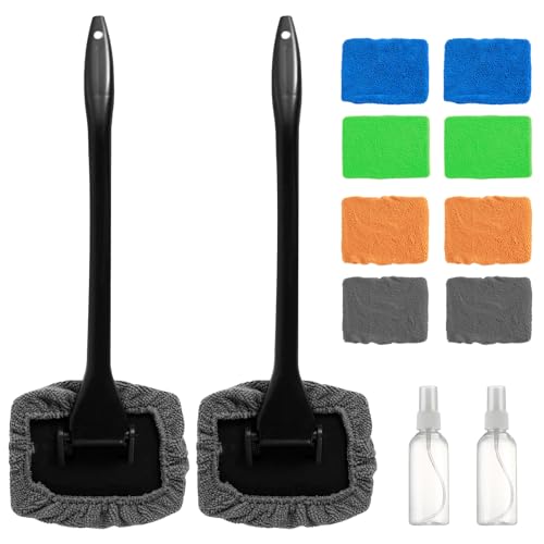 2 Pcs Windshield Cleaning Tool, Windshield Cleaner Inside, Car Window Cleaner Tool, Car Windshield Cleaning Tool, Auto Glass Wiper with 8 Microfiber Pads and 2 Spray Bottles