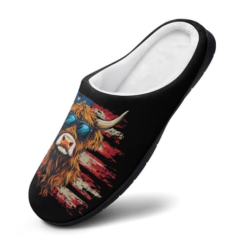 Highland Cow Wearing Glasses U.S. Flag Women's Cotton Slippers Indoor Outdoor Slip-on Warm House Shoes with Anti-Skid Rubber Sole3
