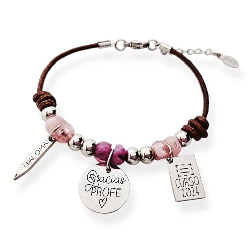 Pulsera para profesora personalizada, ajustable, cuero nacional, acabados en acero inoxidable. Regalos para profesores. Con frase (Resinas Rosas) (Gracias profe).