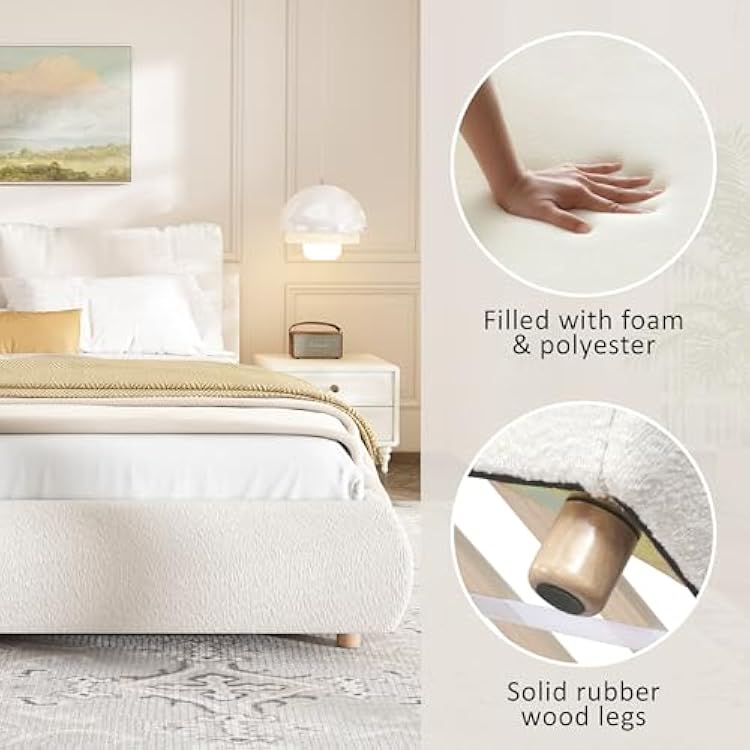 Merax Queen Size Boucle Fabric Upholstered Platform Bed with Two Removable Pillow Headboard, Wood Bed Frame with Solid Round Legs for Kids Teens Adults, White