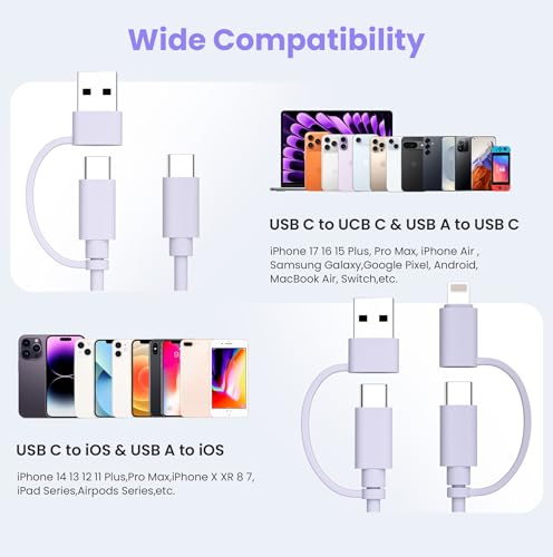 Image of Elebase for iPhone 17 16 Pro Max Charger Cable,4 in 1 Multi Charging Cord 10FT,60W Charger Type C Cord with USB A /Lightning Converter for New Apple iPad 10 9 8,Mini 7,Air 5,6 MacBook Neo 2026