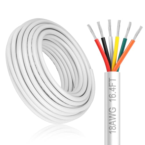 18 Gauge 6 Conductor Electrical Wire, 16.4FT White Stranded Low Voltage 18/6 Cable PVC Case, 18 AWG Tinned Copper 6 Wire Cable Extension Power Cord for Strips LED Lamp Lighting Automotive