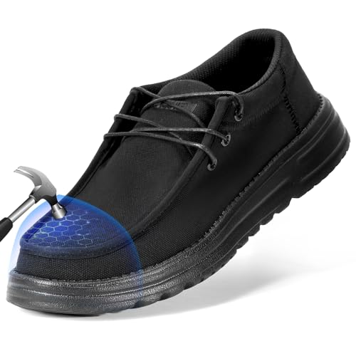 Image of Furuian Steel Toe Shoes for Men Low-top Safety Work Shoes for Men Lightweight Steel Toe Sneakers Comfortable Canvas Work Loafers Zapatos De Trabajo para Hombres All Black
