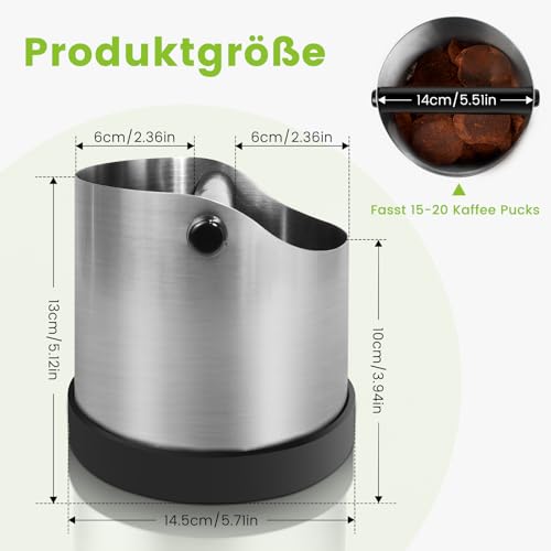 NOTSEK Abklopfbehälter für Siebträger, 1.2L Groß Edelstahl Espresso Knock Box, Kaffeesatz Abschlagbehälter for Portafilter, Abschlagbox für Delonghi Sage Ninja Siebträgermaschine Zubehör, Silber