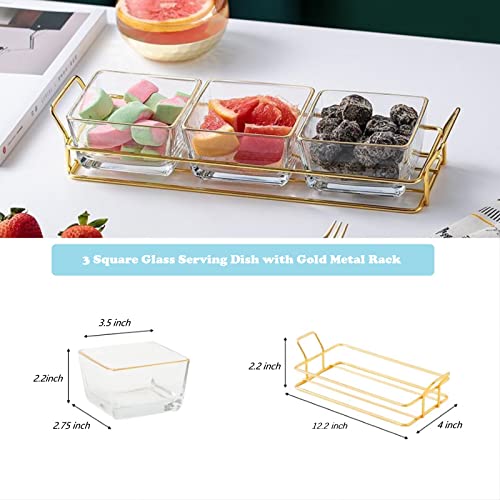 Zhsmyup 3 Square Glass Serving Dish With Gold Metal Rack, Chip And Dip Set, Food Trays For Party, Stand Sets For Nuts, Fruits, Snacks, Candy #TOP2