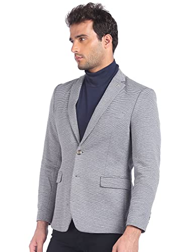 Image of Arrow Men Grey Single Breasted Striped Casual Blazer Regular