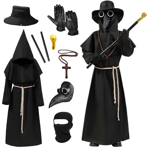 Fooecor Plague Doctor Costume with Plague Doctor Mask for Boys Girls Halloween Dress-Up Cosplay Party (Child-XL)