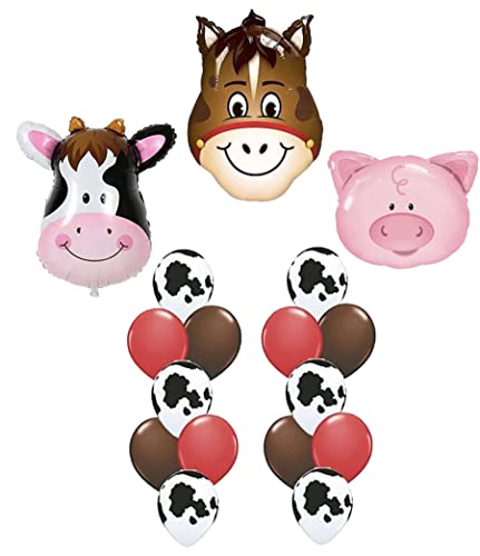 2Nd Birthday Farm Barn Animal Party Balloons. Cow Donkey And Pig With 12" 3.2 Helium Quality Latex Balloons- Red Brown And Cow Print With The Number "2" Red Foil Balloon-Total 40 Count. #TOP4
