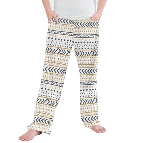 Boho Bohemian Geometric Long Pajama Pants Elastic Waist PJ Bottoms with Pockets S A113197
