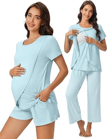 ELESOL 3 PCS Maternity Nursing Pajamas Set Postpartum Breastfeeding Short Sleeve Shirts, Pregnancy Shorts & Pants Pjs S-XXL