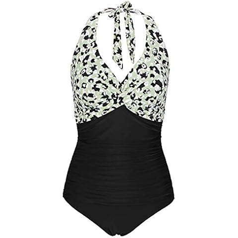 Women's One Piece Swimsuit V Neck Halterneck Vintage Swimwear Tummy Control Bathing Suits Bikini - green - Medium Cover