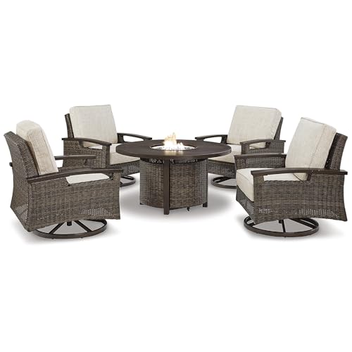 Image of Signature Design by Ashley Paradise Trail Traditional Nuvella Weather Resistant Fabric Outdoor Fire Pit Table and 4 Chairs, Beige & Dark Brown