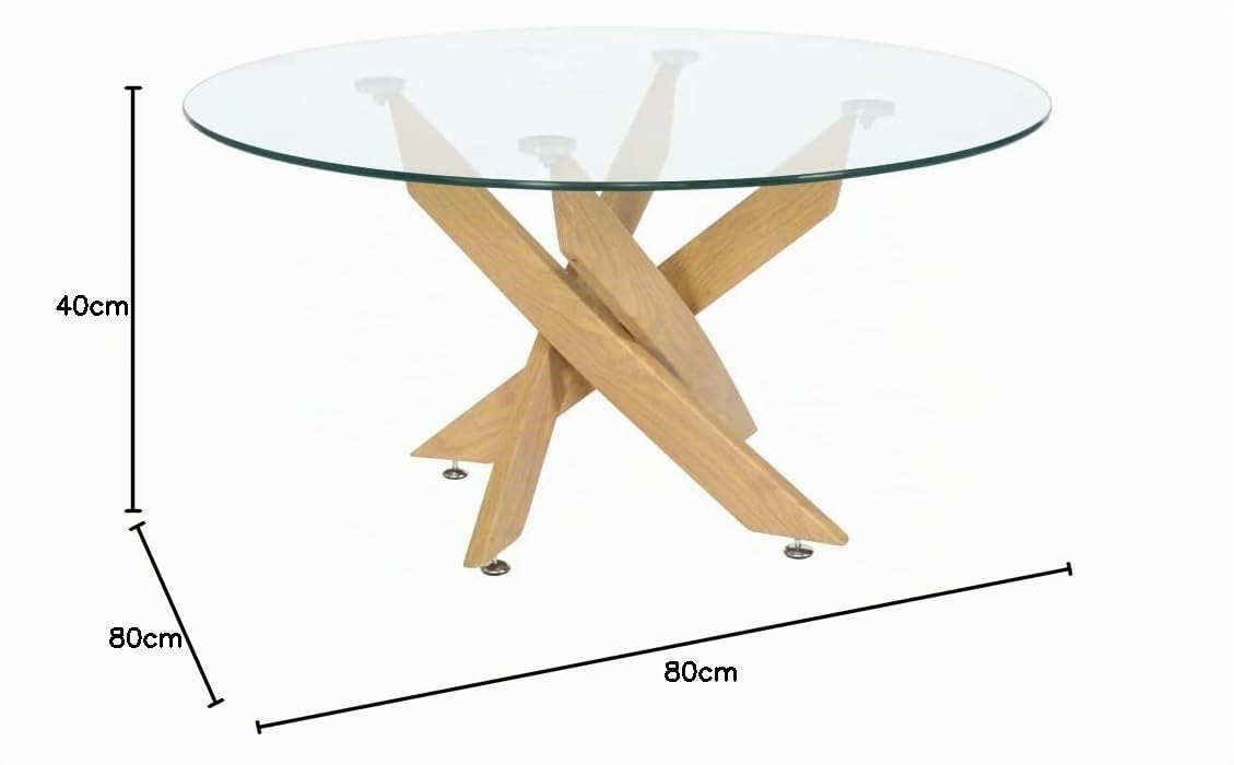 Home Heavenly® - Mesa Centro Redonda de Cristal Dan, de 80 cm diámetro x 40 cm Altura. 4 Patas entrecruzadas. (Madera)