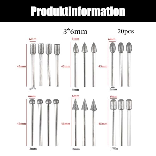 Diamant Fräser Set, 20 Stück Diamant Frässtifte mit 1/8 Schaft Schleifaufsätze für Dremel Rotationswerkzeug, Diamant Schleifstifte für Stein, Glas, Keramik, Schleifen, Polieren und Gravieren