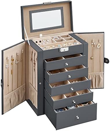 SONGMICS 6 Tier Jewelry Box, Jewelry Case with 5 Drawers, Large Storage Capacity, with Mirror, Lockable, Jewelry Storage Organizer, Gift for Loved Ones, For Watches, Gray UJBC152G01
