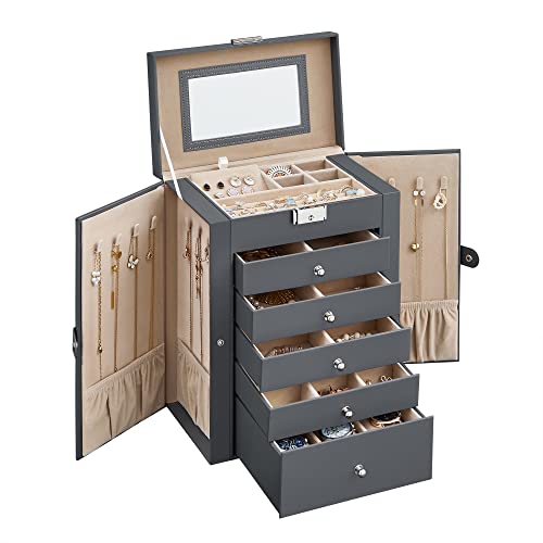Songmics UJBC152G01 6 Tier Jewelry Box, Jewelry Case With 5 Drawers, Large Storage Capacity, With Mirror, Lockable cover