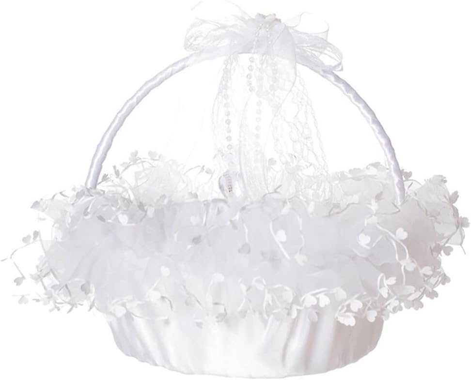 HBJWOV Flower Girl Basket Wedding Small Satin Wrapped Baskets Lace and Clear Heart Pendant Decoration(E)