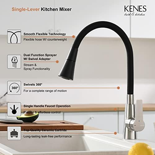 KENES Flexible Kitchen Sink Mixer Tap Bendable & 360° Rotatable Black Kitchen Sink Taps with Two Water Outlet Modes, Black & Brushed Finish KE-8075