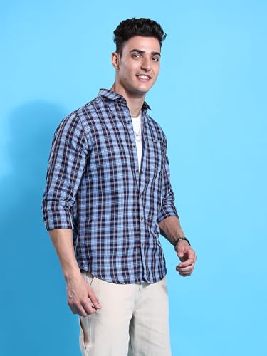 Image of The Indian Garage Co Men's Checkered Slim fit Casual Shirt Blue