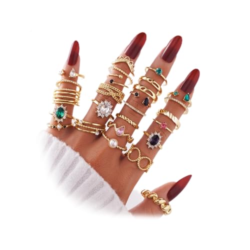ZOVOLI Golden Boho Knuckle Rings Set for Women, Vintage Stackable Dainty Joint Finger Golden Jewelry Set with Love Pearl and Sparkling Crystals