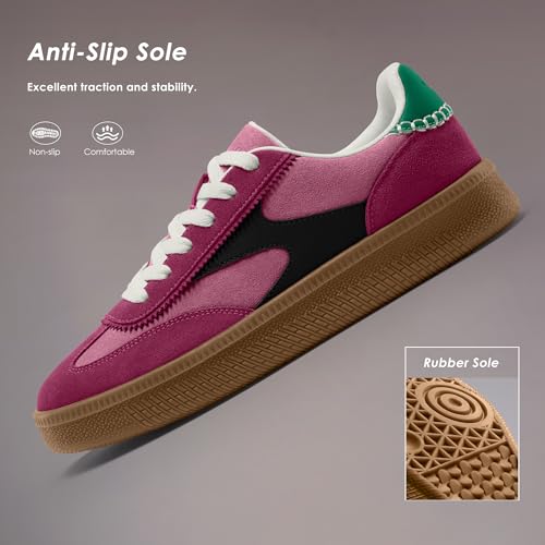 Vilanva Women's Fashion Sneakers Casual Tennis Shoes with Genuine Suede Classic Retro Gum Sole Walking Trendy Footwear Pink Multi