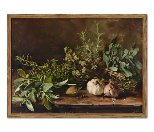 Framed Vintage Kitchen Wall Art, Rustic Garlic and Herbs Pictures