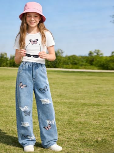 Image of Azmxynol Tween Girl Clothes Short Sleeve Top + Butterfly Design Jeans 2 Pieces Spring Summer Outfit Set, Size 6-16 Years