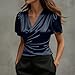 Flutter Sleeve Silk Satin Tops for Women Slim Ruched Blouses Soft Smooth Silky T Shirts for Business Casual(Navy,Medium)
