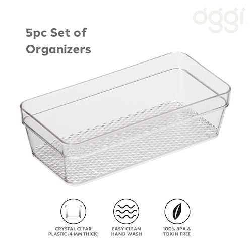 Image of Oggi Set of 5 Clear Drawer Organizers - (1) 3x6.25, (2) 3x9.5, (2) 3x12.5 - Ideal for Organizing Kitchen Drawers, Office, Desk, Silverware, Kitchen Utensils, Cosmetics and Bathrooms