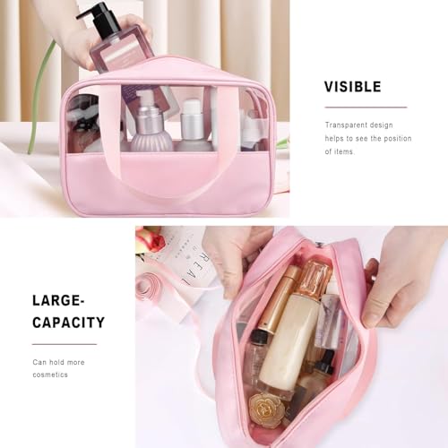 Image of KBS Toiletry Kit Cosmetic Makeup Storage Organizer Clear Styilish Wash Bag Pouch Set of 3 for Travel Luggage Transparent with Metal Zipper Gift for Men Women Girls (Pink)