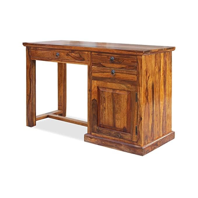 Image of Solid Sheesham Wood Computer Study Desk Table |Home and Office Computer Table with Three Drawer & Single Door Natural Honey Polished (114D x 50W x 75H) CM