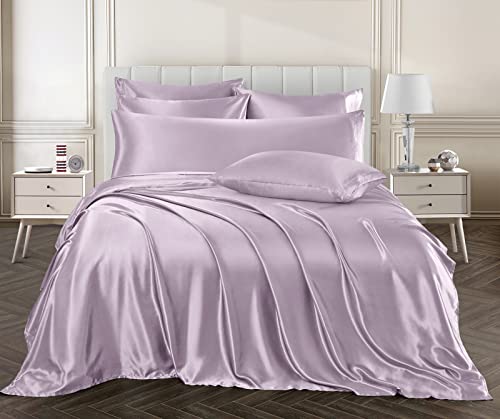 Image of Ersmak 4 Pieces Satin Sheets Set Twin Size, Luxury Silky Lavender Satin Bed Sheets Set with 1 Deep Pocket Fitted Sheet, 1 Soft Flat Sheet, 1 Queen Pillowcases and 1 Body Pillowcase
