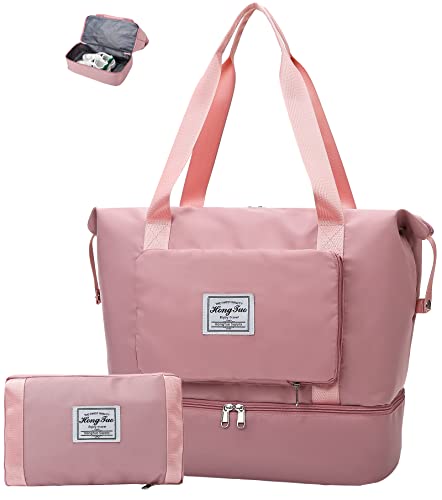 Tokeya Bolsa de Viaje Plegable Gran Capacidad, Bolsa Deporte con Compartimento Zapatos y Bolsillo Húmedo para Mujeres, Impermeable Bolsa de Gimnasio Fin de Semana Casual Bolsos, Rosa