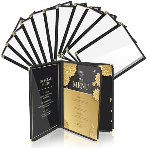 Flexzion Restaurant Menu Covers 8.5 x 11 Inch (12 Pack) - Book Style Bar Menu Holder with 3 Page 6 View - Transparent Clear Menu Book Covers with Gold Metal Corner for Restaurant, Hotel, Cafe