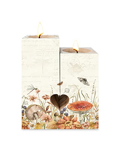 Rustic Mushroom Candle Holder With Tea Light,Vintage Wood Tealight Candle Stick Holder Pillar Centerpiece,Heart-Shaped Tall Wooden Candle Holders Decor Set Butter-Fly Dragonfly Botanical Plant Leaves #TOP18