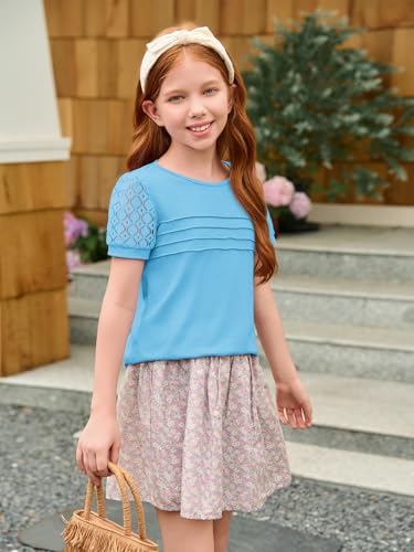 Image of Haloumoning Girls Short Sleeve T Shirts Kids Summer Lace Crewneck Tops Fashion Pleated Tees 5-14 Years