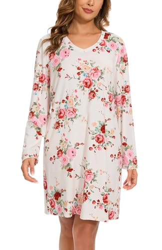 Image of Kabento 2 Pack Long Sleeve Nightgowns for Women Soft Cotton Night Gowns Sleepwear V Neck Nightshirts