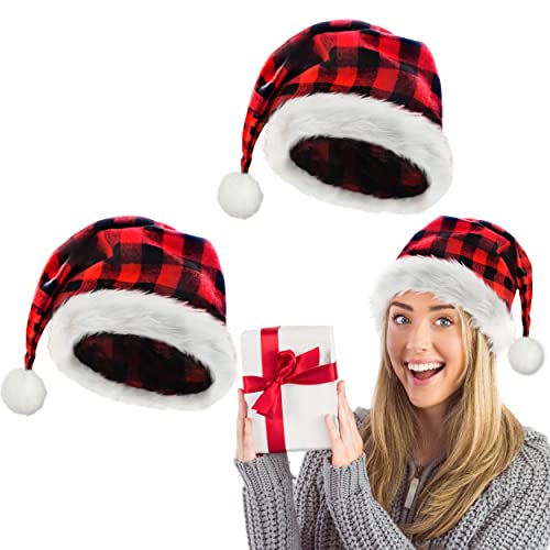 Algpty 2 Pack Santa Hats For Adults Teenagers - Red Buffalo Plaid Christmas Hats Unisex Thicken Velvet Xmax Holiday Hats For Party Supplies Fluffy Plush Santa Claus Hats For Women Men Kids Family #TOP6