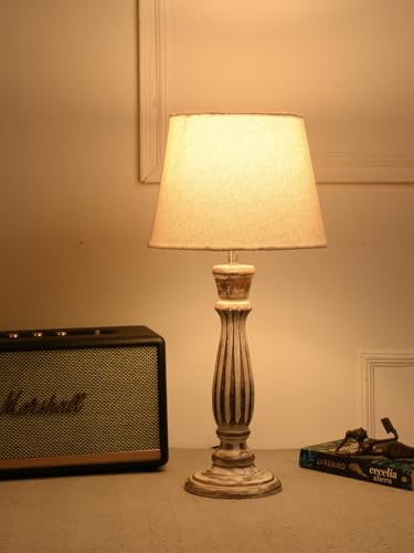 Image of Green Girgit Athens Wooden lamp with Taper Samre White Solid Shade, Vintage Style Table Lamp with Distressed Wood Base, Cream Fabric Shade (LED Bulb Included)