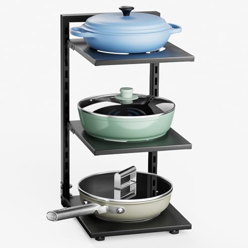 Warmiehomy Pots and Pans Organiser Rack, 3 Tier Adjustable Non-slip Dividers - Kitchen Storage Solution in Black