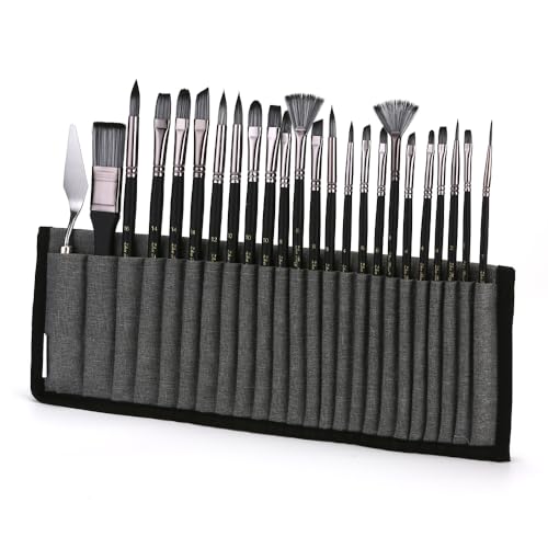 Juego de 24 pinceles de pintura con 23 formas diferentes, 1 raspador de madera, herramientas de pintura artística, estuche organizador de pelo de nailon, mango delicado, pinceles de pintura