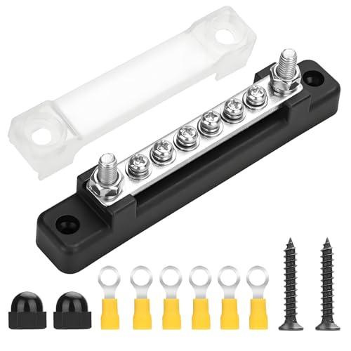 12V Bus Bar, 2 x 1/4 (M6) 6 x M4 Studs 48V DC Terminal Power Distribution Block 150A Terminals Battery Bus Bar Terminal Blocks for Car RVs Marine Boat Yacht Black