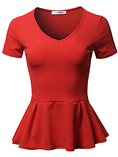 SSOULM Women's Flare Peplum Blouse - Short Sleeve Stretchy Fit and Flare Top, Classic Casual Shirt RED L