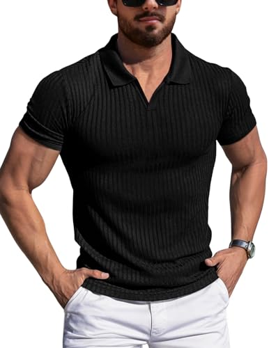 AIYINO Black Polo Shirt Men V Neck Muscle Fit T Shirts Short Sleeve Solid Knitted Golf Polo Shirt Pack Black L