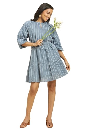 Robe en coton bleu légère anti-chaleur à volants superposés et ceinture W for Woman
