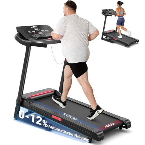 THERUN Laufband Klappbar für Zuhause mit 12 Steigungsstufen, 3.0 PS bis 14 kmh, Laufband Walking Pad mit Automatische Neigung, Rot-LED&Pulssensoren